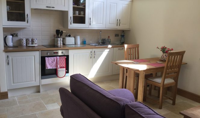 kitchen and seating area in potting shed